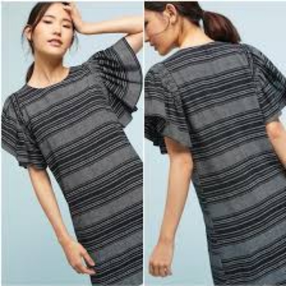 Moon River Charcoal and Black Striped Long Sleeve Dress